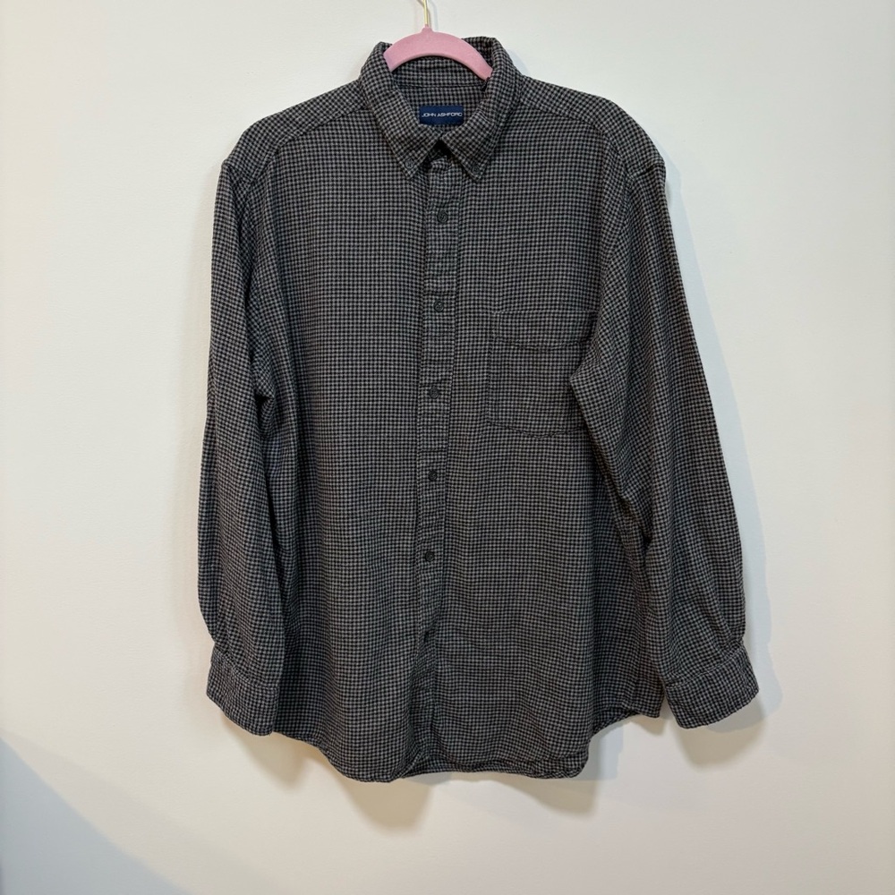 John Ashford Men’s XL Houndstooth Button Down Shirt Gray Black